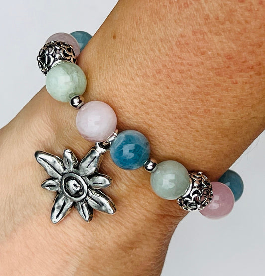 Women's Pastel Gemstone Bracelet, Pink, Blue, Green and Silver, Morganite, Stackable, Floral Burst Charm, Boho Boutique Beaded Jewelry