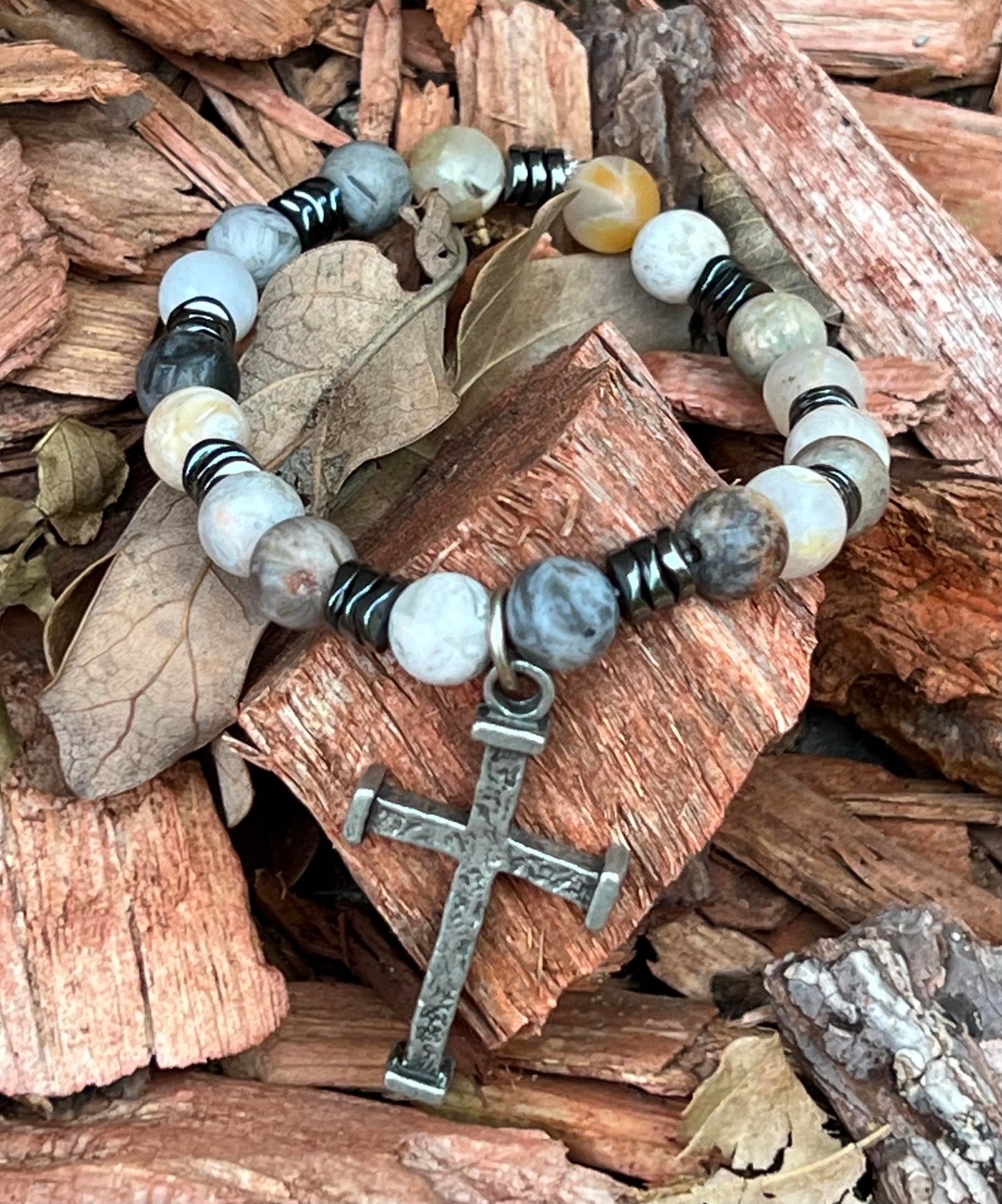 Men's Nailed Cross Bracelet, Gemstone Religious Jewelry, Gray, Cream, Black and Brown Beaded,  Baptism or Confirmation Gift