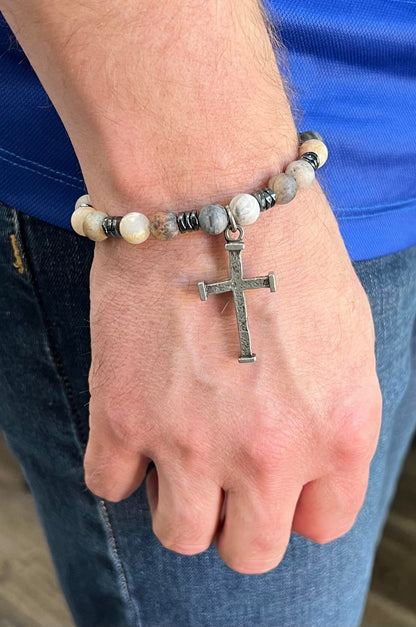 Men's Nailed Cross Bracelet, Gemstone Religious Jewelry, Gray, Cream, Black and Brown Beaded,  Baptism or Confirmation Gift