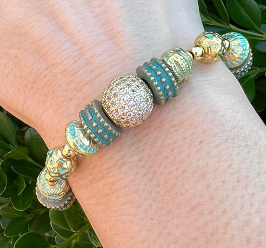 Women's Bracelet, Green and Gold Beaded, Metal Bracelet with Cubic Zirconia Pave Focal, Stackable, Elegant Boutique Gift for Her