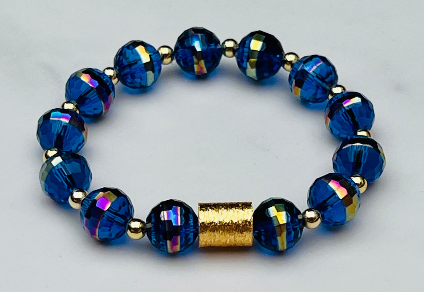 Women's Blue Crystal Glass and Gold Beaded Bracelet, Iridescent, Contemporary, Stackable, Handmade Stretch Bracelet, Gift for Her