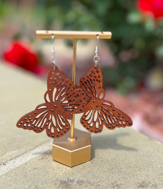 Women's Wood Butterfly Earrings, Brown Dangle Wooden Earrings, Nature Lover Gift