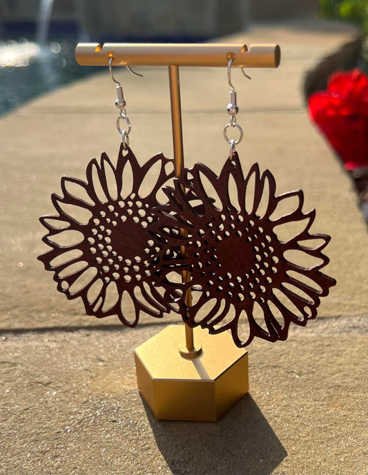 Women's Wood Sunflower Earrings, Brown Dangle Wooden Earrings, Nature Lover Gift, Flower Jewelry