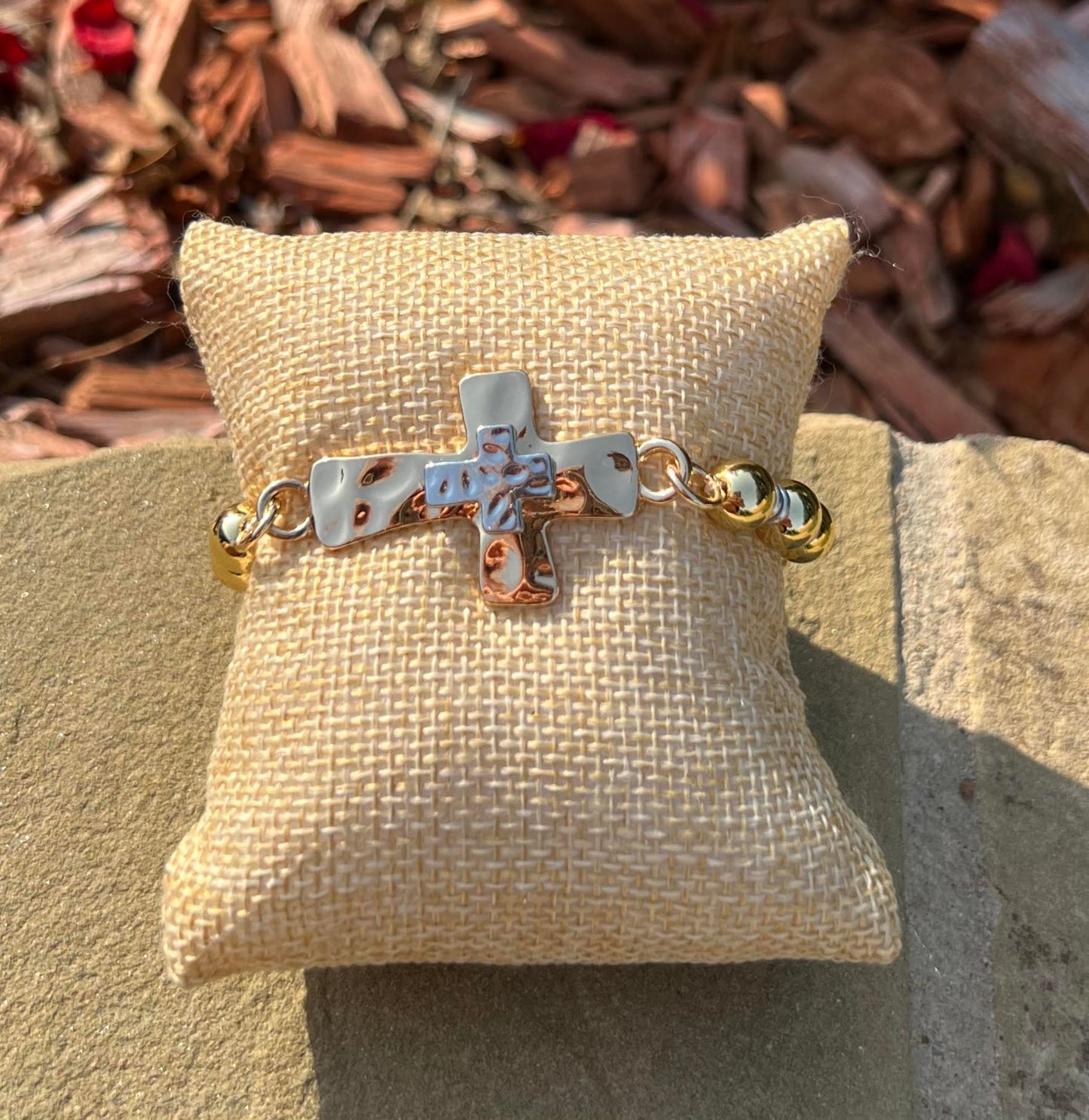 Women's Gold and Silver Cross Bracelet, Beaded Stretch Bracelet, Hammered Metal, Faith Jewelry