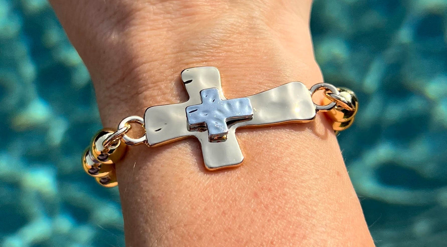 Women's Gold and Silver Cross Bracelet, Beaded Stretch Bracelet, Hammered Metal, Faith Jewelry