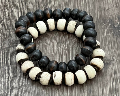 Men's Bracelet in Cream, Beige and Brown Bone Mala, African Style Beaded Chunky Bracelet, Stackable, Neutral Colors, Gift for Him