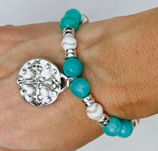 Women's Cross Bracelet in Turquoise, Silver and White, Bling Medallion Charm, Gift for Her