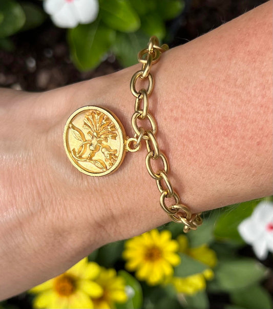 Women's Bracelet Gold Chain Link with Floral Medallion Charm, Flower Jewelry, Gift for Her