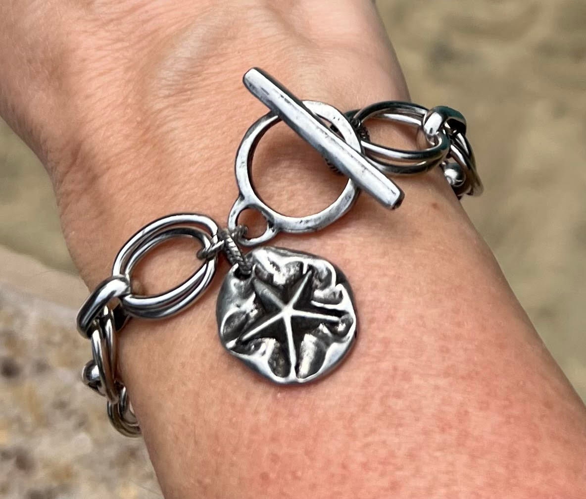 Women's Sand Dollar Silver Chain Style Bracelet, Beach Style, Toggle Bracelet, Gift for Her