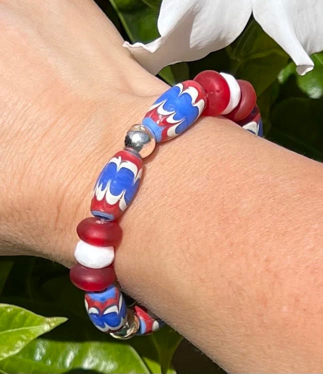 Women's Red, White and Blue African Beaded Bracelet, African Glass, Patriotic Inspired Jewelry, Gift for Her