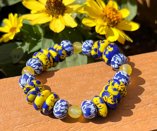 Women's Royal Blue and Yellow African Beaded Bracelet, African Glass, Floral Inspired Jewelry, Gift for Her