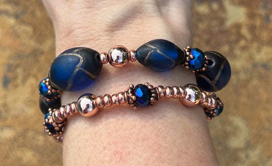 Women's Bracelet in Navy Blue and Rose Gold, Beaded Bracelet Set, Boutique Jewelry Gift for Her