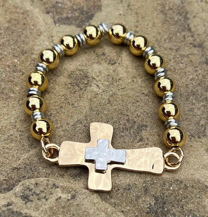 Women's Gold and Silver Cross Bracelet, Beaded Stretch Bracelet, Hammered Metal, Faith Jewelry