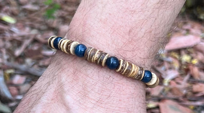 Men's Coconut Shell and Blue Gemstone Bracelet, Brown, Tan and Blue Beaded Bracelet, Neutral Style, Gift for Him