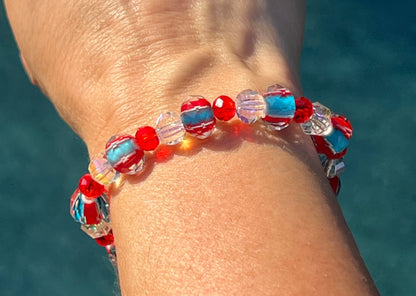 Women's Red, Blue and Clear Bracelet, Lamp Work Glass and Crystal Beaded Bracelet, Patriotic Bracelet, Gift