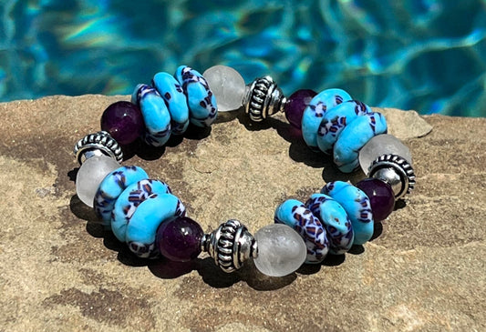 Women's Light Blue, Purple, Silver Beaded Bracelet, African Glass Handmade Jewelry, Gift for Her