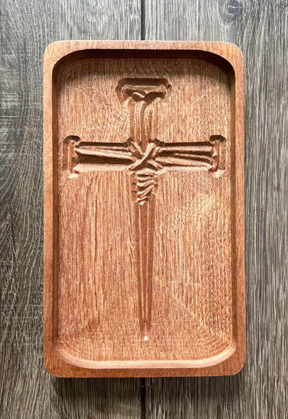 Wooden Nailed Cross Engraved Tray, Handmade Catchall Tray, Jewelry Holder, Christian Faith Decor, Gift Idea