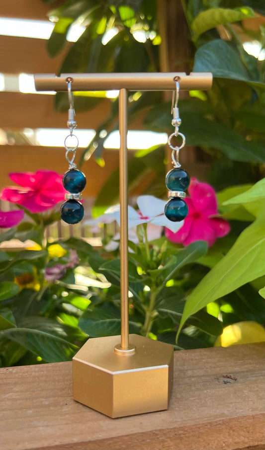 Women's Teal and Silver Dangle Earrings, Tiger Eye Gemstone Beaded Earrings, Gift for Her