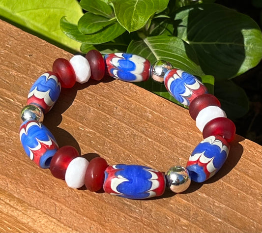 Women's Red, White and Blue African Beaded Bracelet, African Glass, Patriotic Inspired Jewelry, Gift for Her