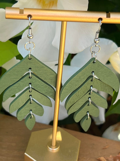 Women's Sage Green Wood Earrings, Green and Silver Dangle Wooden Earrings, Boho Jewelry Gift, Moveable Earrings, Gift for Her