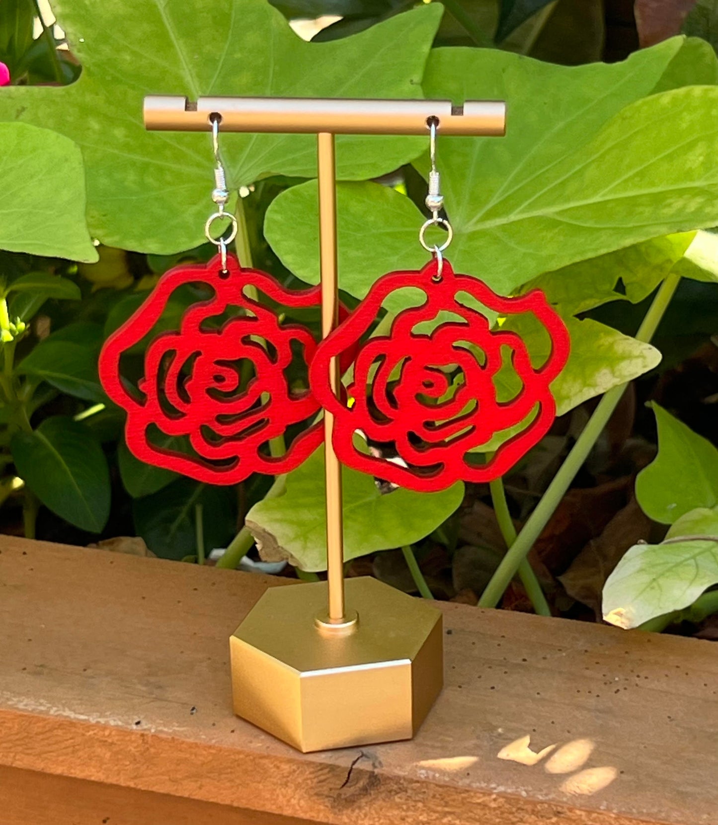 Women's Red Rose Shaped Wooden Earrings, Red and Silver Dangle Earrings, Nature Lover Gift, Flower Jewelry