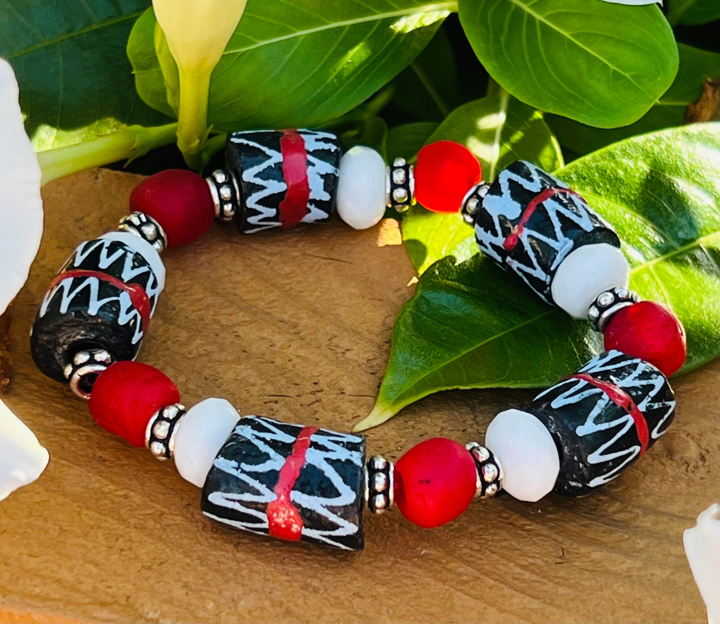 Women's Black, Red, White and Silver Beaded Bracelet, African Glass Handmade Jewelry, Gift for Her