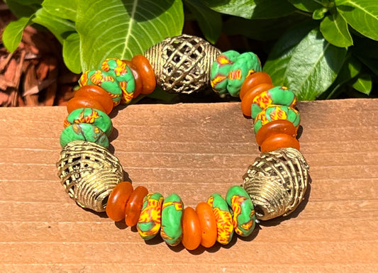 Women's Orange, Green and Gold Beaded Bracelet,  African Artisan Style, Handmade Boutique Bracelet