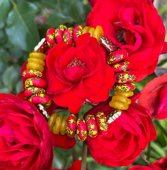 Women's Red, Yellow and Gold Handmade Bracelet, African Beaded, Gift for Her