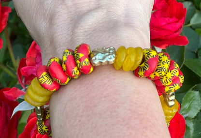 Women's Red, Yellow and Gold Handmade Bracelet, African Beaded, Gift for Her