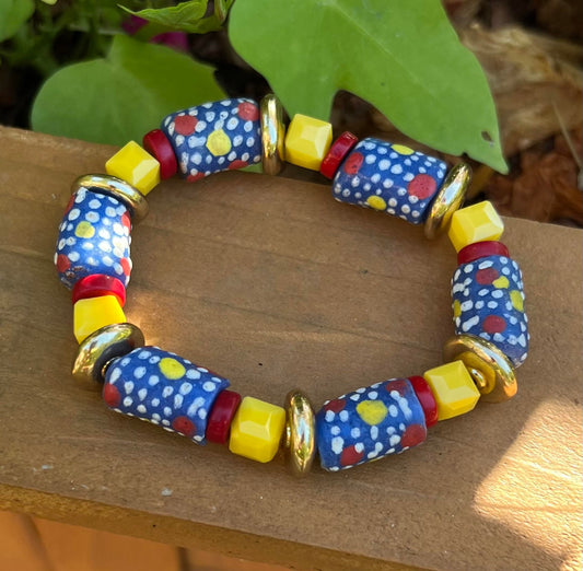 Women's Blue, Red, Yellow, White and Gold Beaded Bracelet, African Krobo Glass Handmade Jewelry, Gift for Her