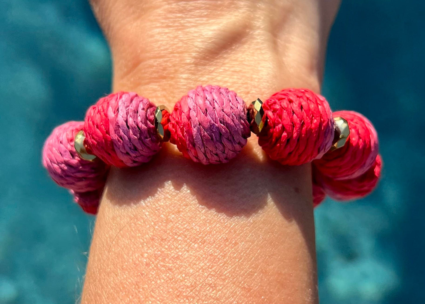 Women's Red or Deep Pink and Purple with Gold Beaded Bracelet, Chunky Boho Bracelet, Ombre Style, Gift for Her