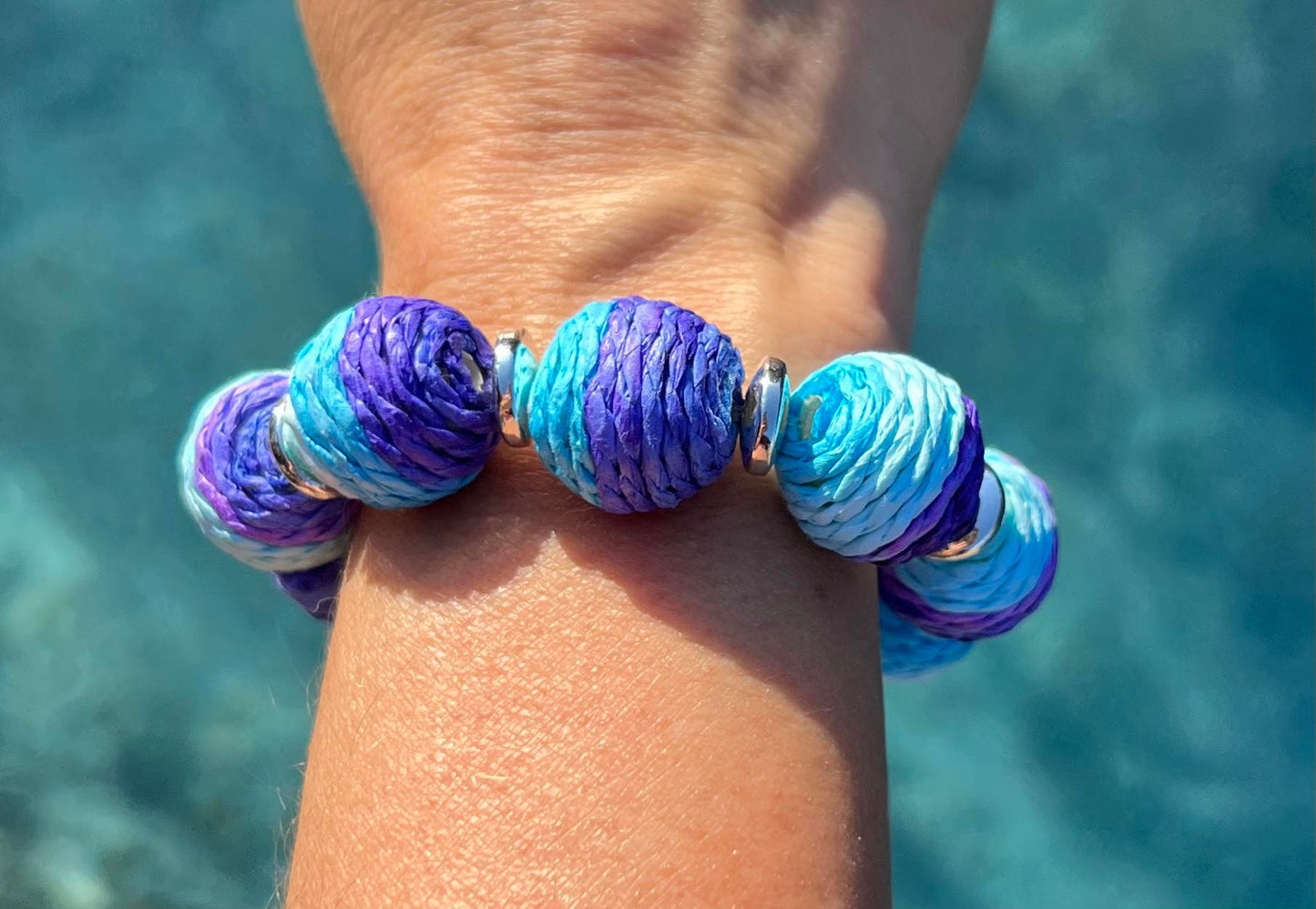 Women's Blue, Purple and Silver Beaded Bracelet, Ombre Style, Chunky Boho Bracelet, Gift for Her