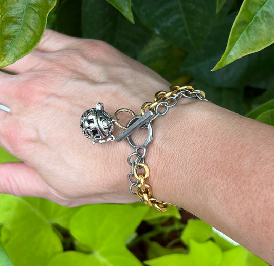 Women's Prayer Box Bracelet, Silver and Gold Chain Bracelet, Two Toned Metal Bracelet