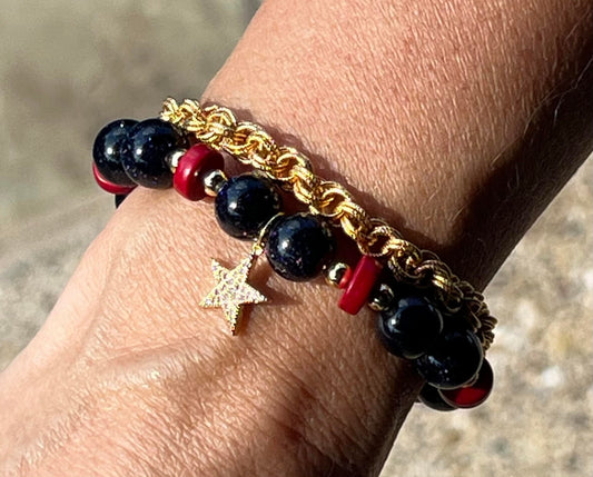 Women's Navy Blue, Red and Gold Star Bracelet Set, Swarovski Rhinestone Bracelet, Patriotic Gemstone Bracelet, 24K Gold, Gift for Her