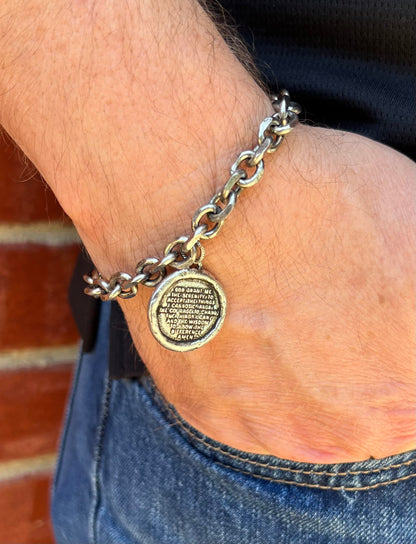 Men's Silver Chain Link and Serenity Prayer Charm Bracelet with Lobster Clasp, Gift for Him