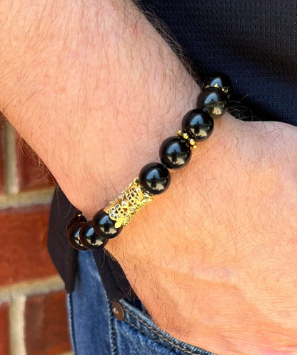 Men's Black Obsidian Gemstone Bead Bracelet with Gold Accents, Gold Crown Like Focal with Cubic Zirconia Rhinestone Accents, Gift for Him