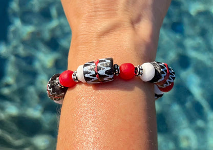 Women's Black, Red, White and Silver Beaded Bracelet, African Glass Handmade Jewelry, Gift for Her