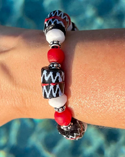 Women's Black, Red, White and Silver Beaded Bracelet, African Glass Handmade Jewelry, Gift for Her