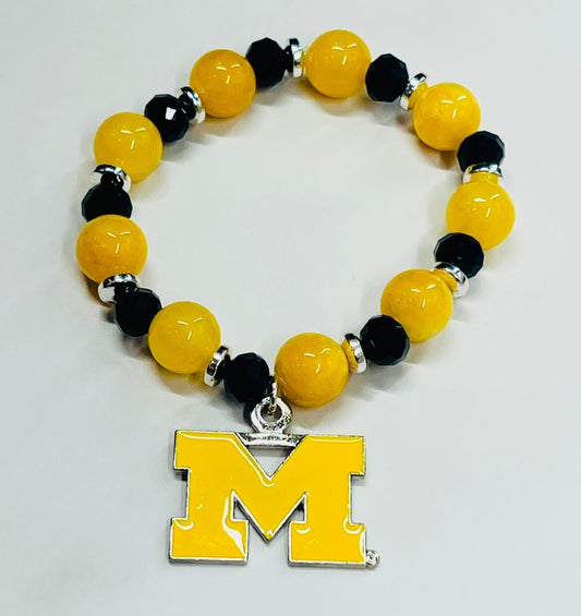 Women's University of Michigan Charm Bracelet in Navy Blue, Yellow and Silver, Handmade Michigan Wolverines Beaded Jewelry, Gift for Her