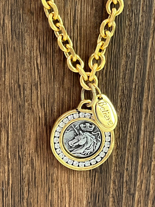 Women's Unicorn Pendant Necklace, Gold Plated Chain Necklace, Believe and Bling Necklace, Handmade Boutique Jewelry, Mystical, Mixed Metals