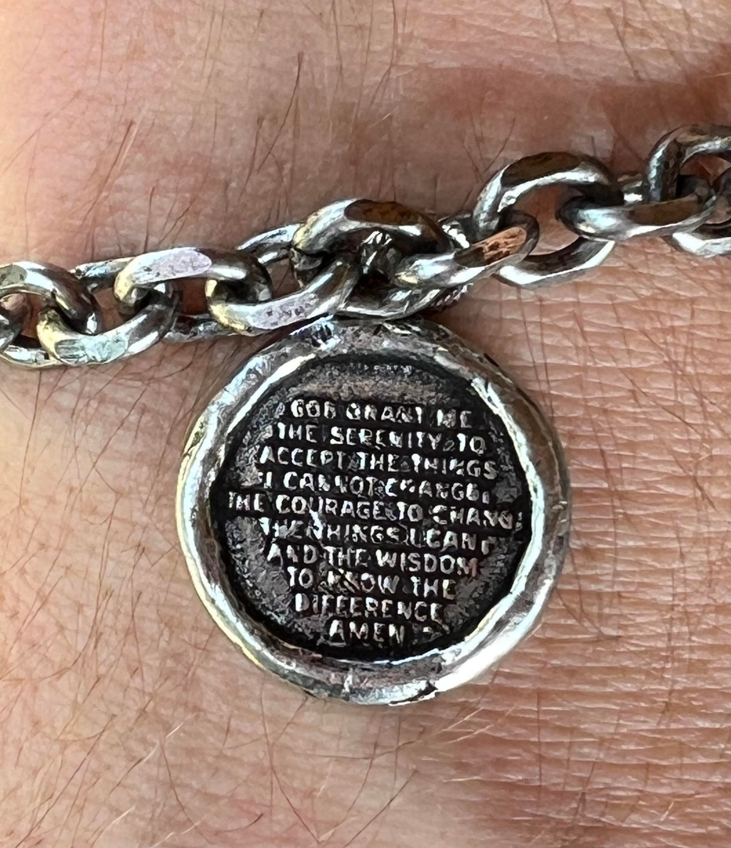 Men's Silver Chain Link and Serenity Prayer Charm Bracelet with Lobster Clasp, Gift for Him