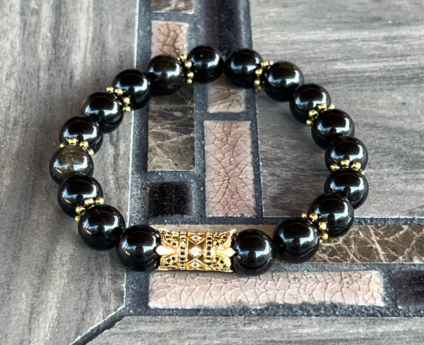 Men's Black Obsidian Gemstone Bead Bracelet with Gold Accents, Gold Crown Like Focal with Cubic Zirconia Rhinestone Accents, Gift for Him