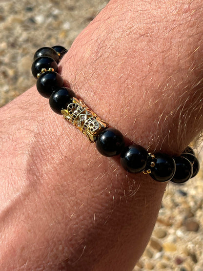 Men's Black Obsidian Gemstone Bead Bracelet with Gold Accents, Gold Crown Like Focal with Cubic Zirconia Rhinestone Accents, Gift for Him