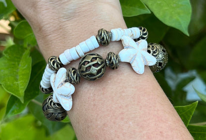 Women's Starfish Off White, Tan and Bronze Beaded Bracelet Set, Beach Themed, Neutral Tones, Gift for Her