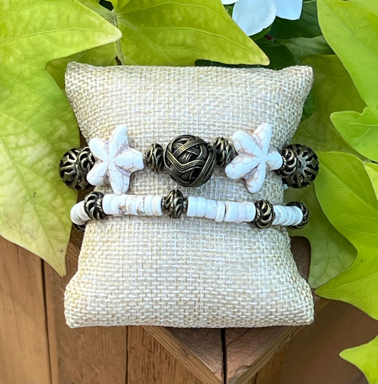 Women's Starfish Off White, Tan and Bronze Beaded Bracelet Set, Beach Themed, Neutral Tones, Gift for Her