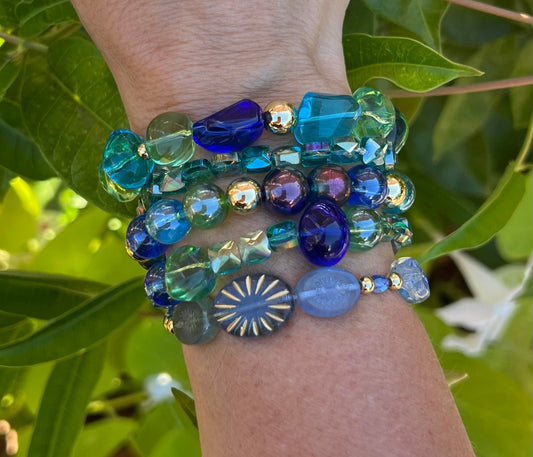 Women's Blue, Green and Gold Beaded Bracelet Stack, Tropical or Ocean Vibes Jewelry, Gift for Her