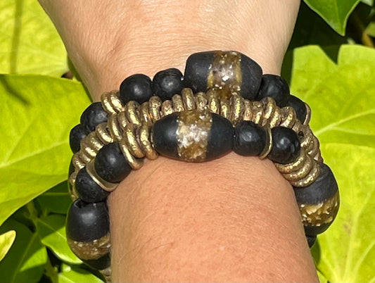 Women's Black and Gold African Krobo Beaded Bracelet Stack, Chunky Bracelet Set, Gift for Her