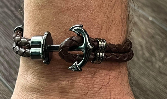 Men's Brown Leather Anchor Bracelet, Gunmetal Grey, Black, Men's Nautical Jewelry, Gift for Him