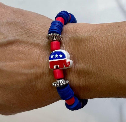 Women's Republican Elephant Beaded Bracelet, Red, Blue and Silver Patriotic Jewelry, Political Statement Gift