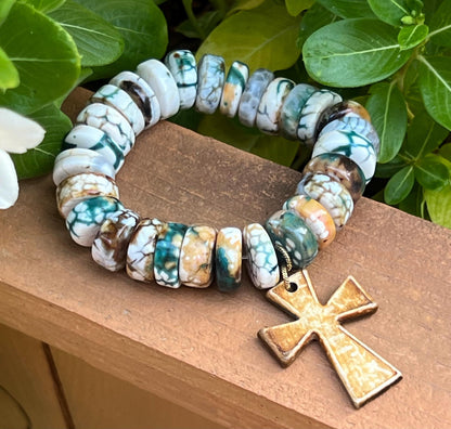 Women's Teal, Brown, White and Gold Bracelet Stack, Cross Charm, Gemstone, Bone Mala, Gift for Her